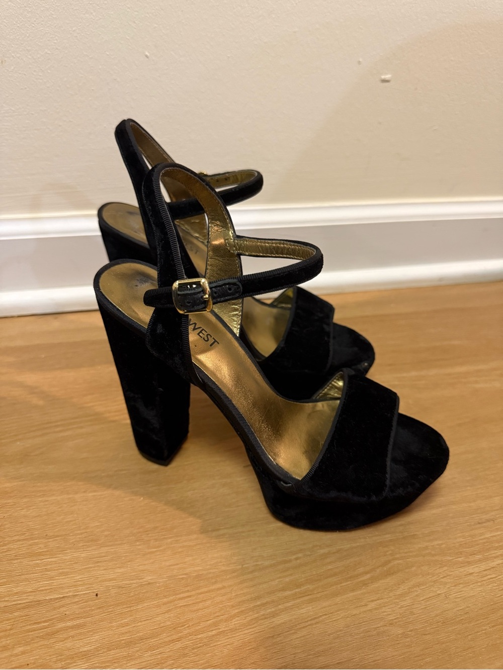 Nine West Black Velvet Open-Toe Ankle Strap Heels